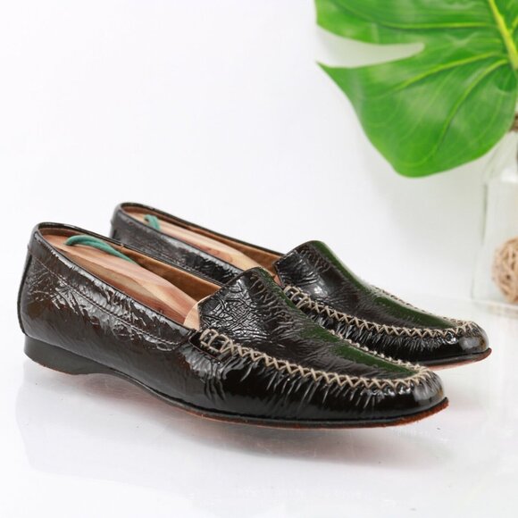 Ginger Goff Womens Loafer Size 7 Brown Patent Leather Slip On Flat Shoe Moc Toe - Picture 1 of 11